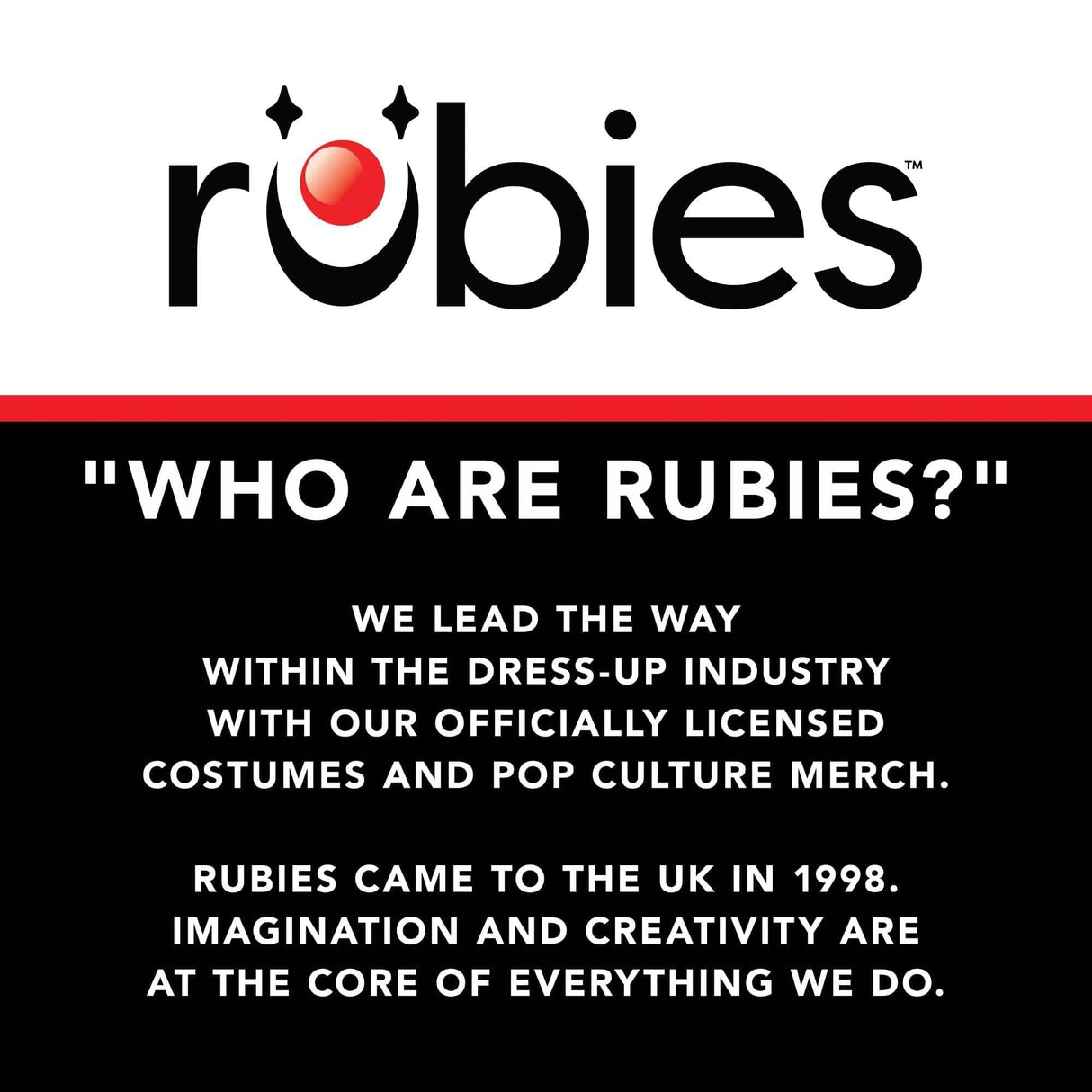 Logo and description of Rubies, a licensed costume brand known for creativity in dress-up and pop culture merchandise