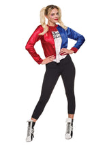 Model wearing women's Harley Quinn costume with red and blue jacket from CLICKK Home Store