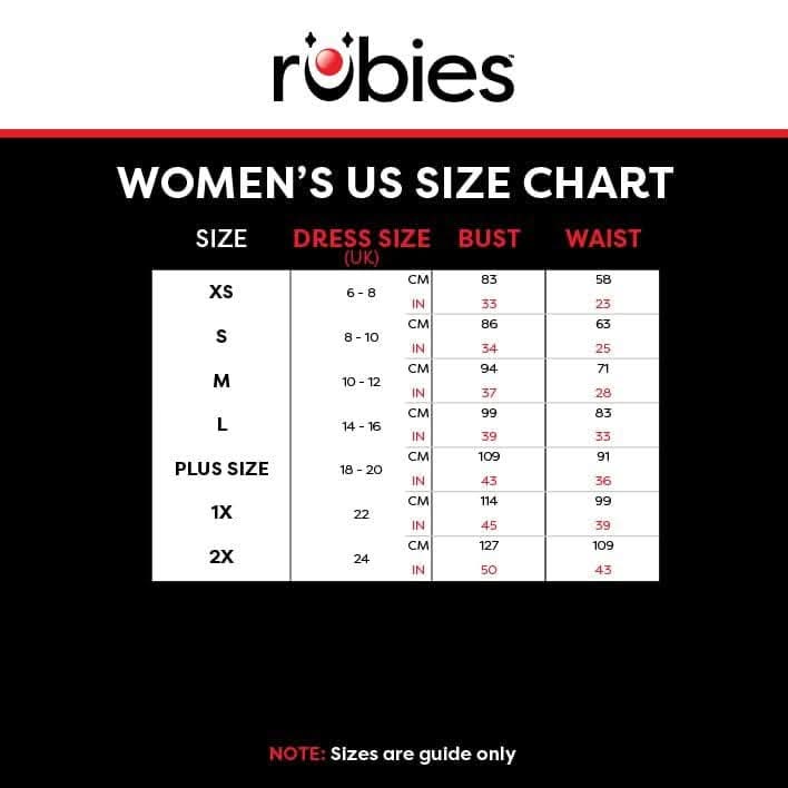 Women’s size chart for dress size, bust, and waist measurements for women's Harley Quinn costume by CLICKK Home Store