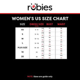Women’s size chart for dress size, bust, and waist measurements for women's Harley Quinn costume by CLICKK Home Store