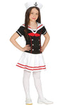 Girl wearing a sailor costume for kids with black top, white skirt, sailor hat and white tights