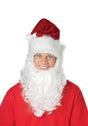 Smiling man wearing a red Santa hat and white curly beard in a Santa Claus costume set