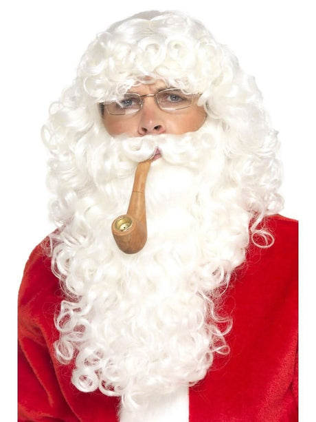 Man wearing white curly Santa beard and wig with pipe in mouth from Santa dress up kit