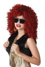 Woman wearing Saweetie Dancehall Glam Wig in vibrant red curly style with black sunglasses and gold outfit