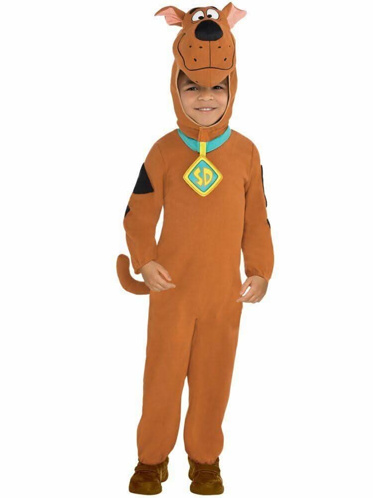 Child wearing official Scooby Doo kids costume brown jumpsuit with headpiece and collar badge