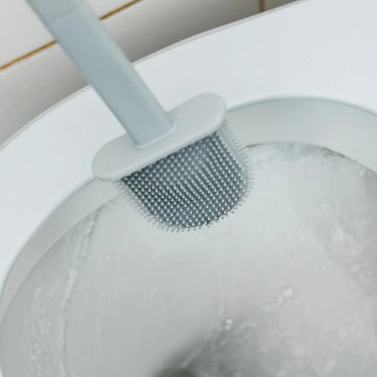 Silicone Toilet Brush and Holder TPR None Slip Long Plastic Handle White