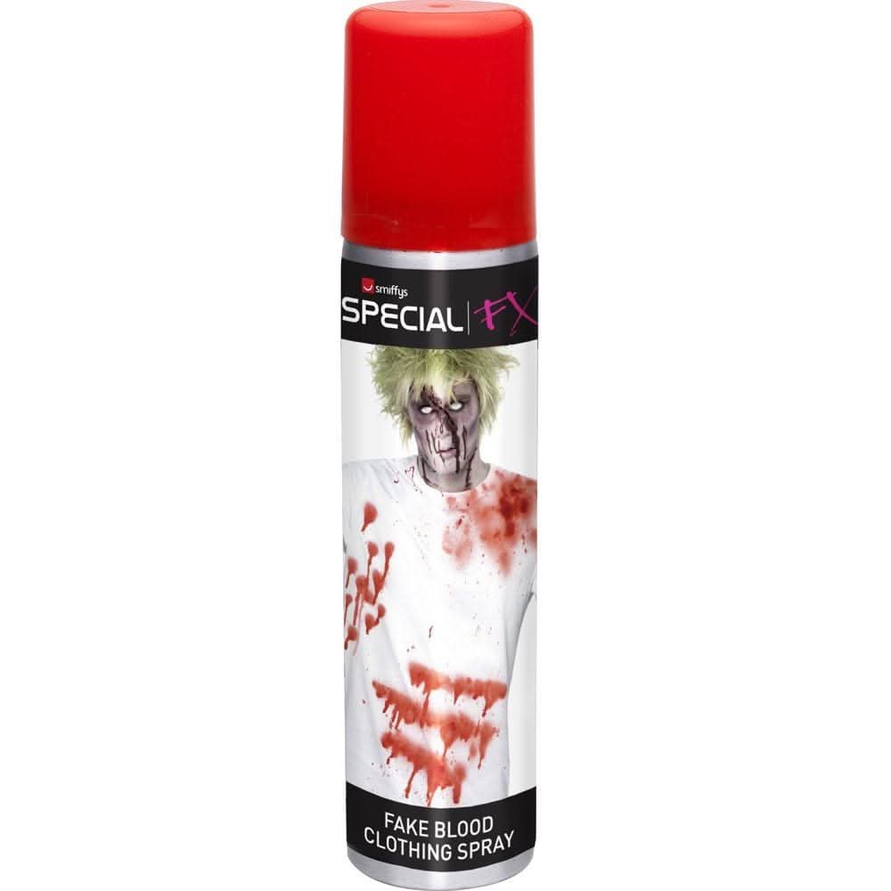 Fancy Dress fake blood spray for costumes in red cap bottle with zombie blood effect on shirt