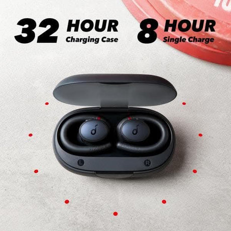 Soundcore Sport X10 wireless headphones in black with open charging case showing 32 hour case and 8 hour single charge