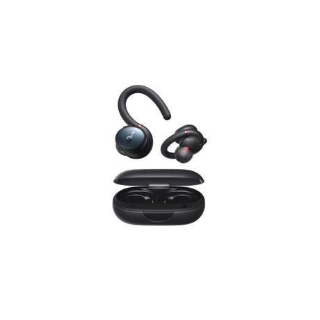 Soundcore Sport X10 wireless headphones in black with charging case and ear hooks for secure fit