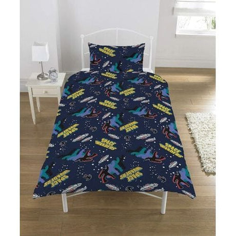 Colorful Space Invaders bedding set featuring retro graphics on a navy background