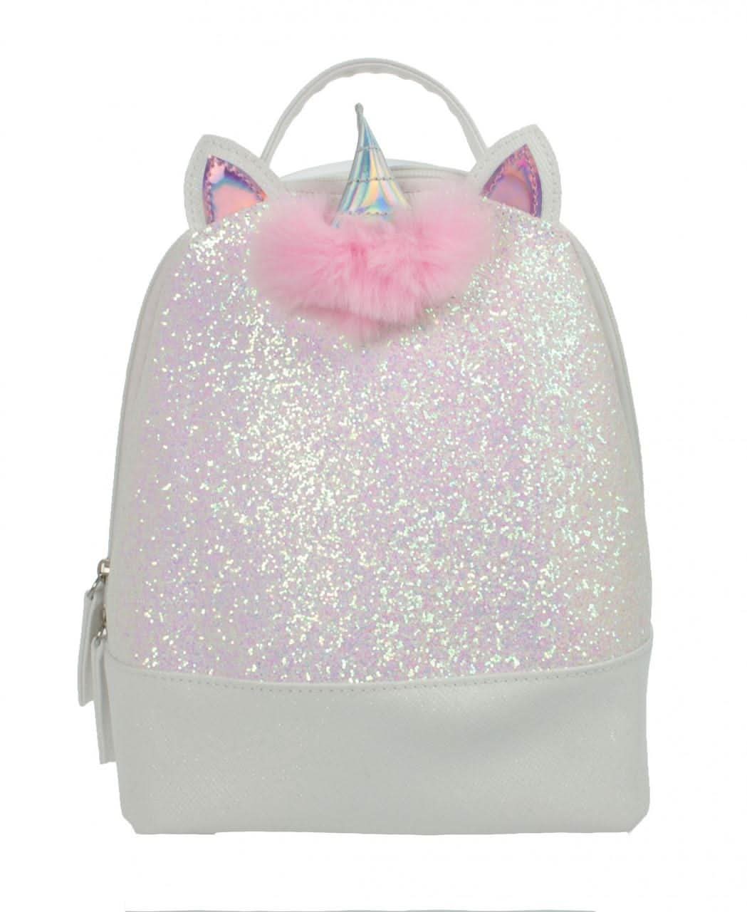 Girls Fancy Dress sparkly unicorn backpack for girls with glittery surface pink pom pom and unicorn horn