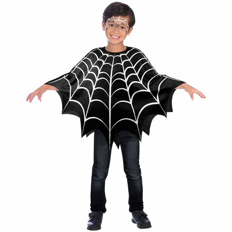 Child wearing black spider web poncho costume with white web design and face paint from Kids Fancy Dress