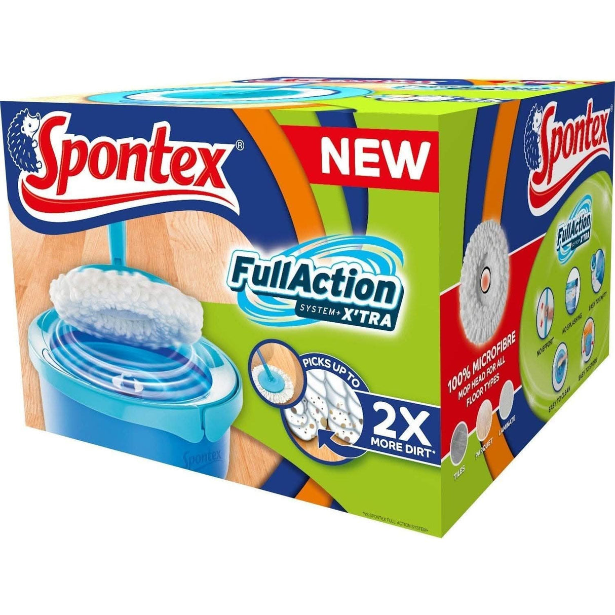 Spontex twist mop set with FullAction system and microfibre mop head in blue bucket for efficient cleaning