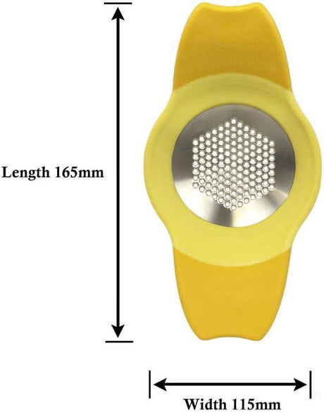 Calitek yellow stainless steel garlic rocker with ergonomic design measuring 165mm by 115mm