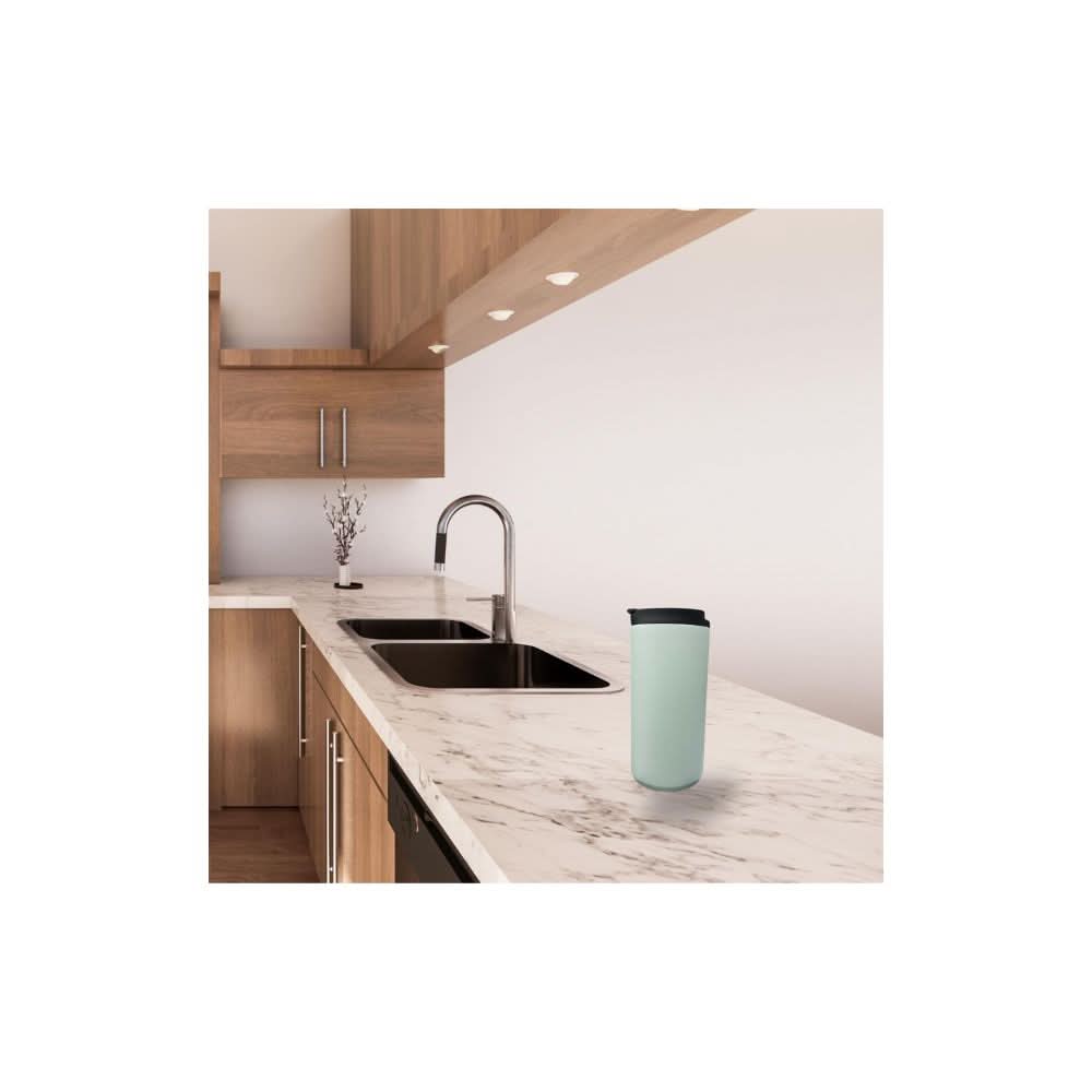 CLIKK Home Store light blue stainless steel thermal mug on marble kitchen countertop near sink