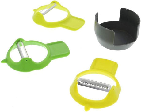 Calitek stainless steel vegetable peeler set with green and yellow handles and a black vegetable holder