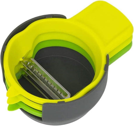 Calitek stainless steel vegetable peeler set with green and yellow handles stacked together