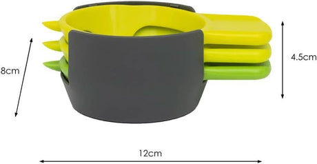 Calitek stainless steel vegetable peeler set with green and yellow handles stacked in a black holder