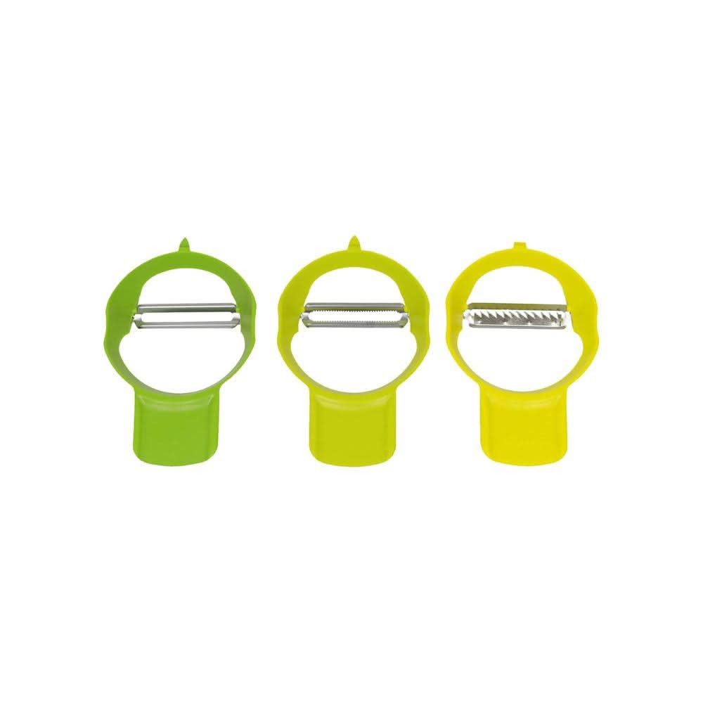 Calitek stainless steel vegetable peeler set with three colorful ergonomic peelers for versatile kitchen use