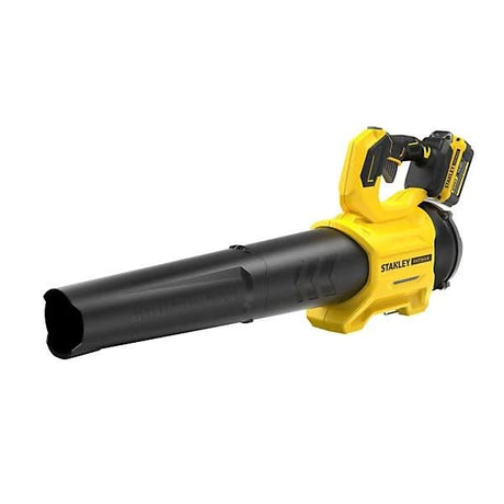 Stanley Fatmax 18V cordless blower in yellow and black with ergonomic handle and long nozzle