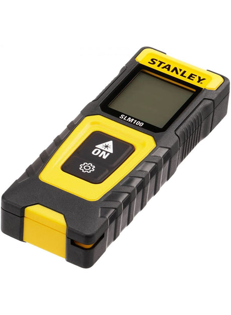 Stanley laser distance measurer SLM100 in black and yellow with digital display and control buttons