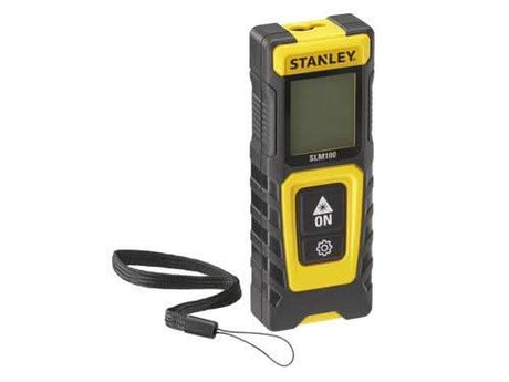 Stanley laser distance measurer with black and yellow design and wrist strap for easy handling