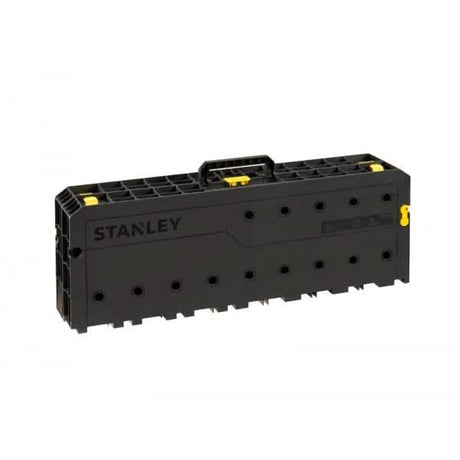 Black Stanley portable workbench for home use folded with handle and yellow latches