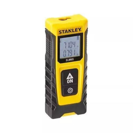 Stanley laser distance measure with digital display and compact yellow black design