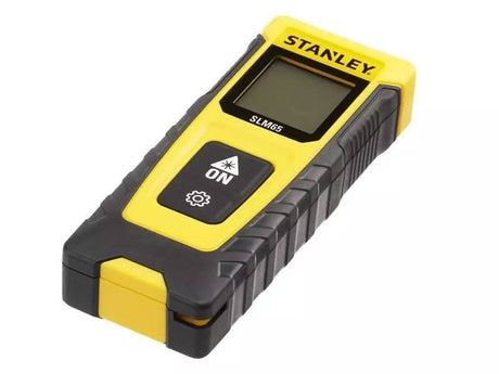 Stanley laser distance measure in yellow and black with digital screen and control buttons
