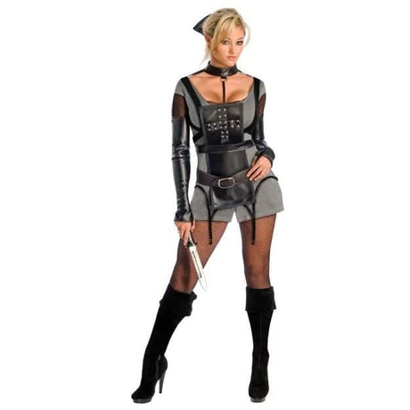 Sucker Punch Rocket costume women featuring black and gray dress with fishnet stockings and boots
