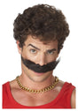 Man wearing a thick fake mustache and gold chain necklace as Super Mario costume accessories