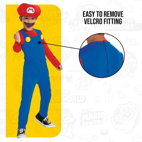 Child wearing Super Mario costume for kids with easy to remove Velcro fitting and red hat