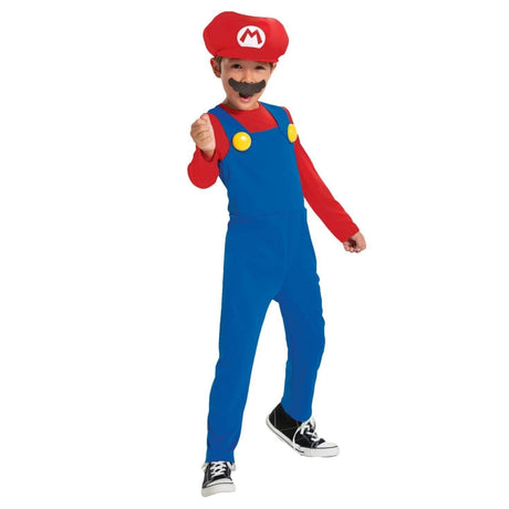 Child wearing a Super Mario costume for kids with red hat, blue overalls, red shirt, and black mustache