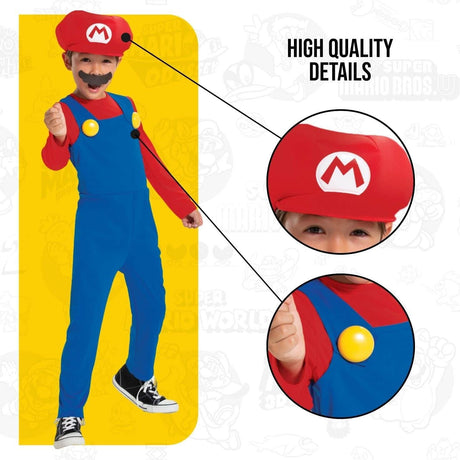Child wearing a Super Mario costume for kids with red hat, blue overalls, and yellow buttons