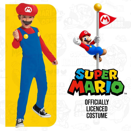 Child wearing Super Mario costume for kids with red hat and blue overalls from Kids Fancy Dress