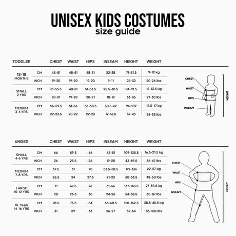 Unisex kids costume size guide chart showing measurements for chest waist hips inseam height and weight in centimeters and inches