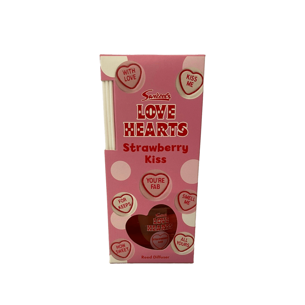 Swizzels Love Hearts diffuser Strawberry Kiss reed diffuser in pink packaging by CLICKK Home Store