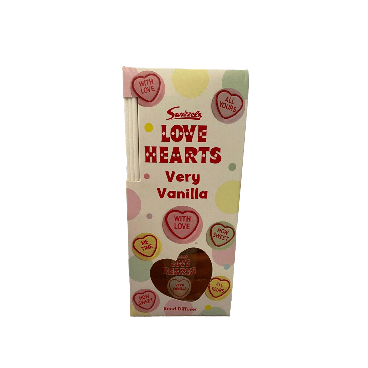 Swizzels Love Hearts diffuser Very Vanilla reed diffuser in colorful candy heart packaging from CLICKK Home Store