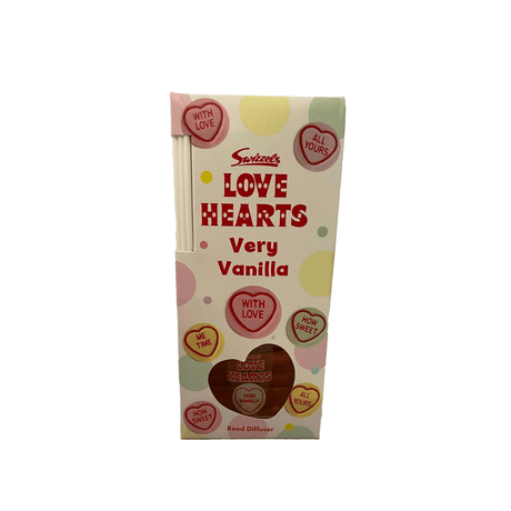 Swizzels Love Hearts diffuser Very Vanilla reed diffuser in colorful candy heart packaging from CLICKK Home Store