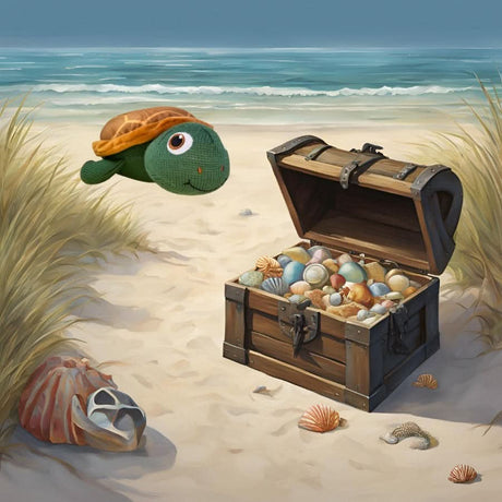 Taylor the Turtle plush toy floating near a treasure chest filled with seashells on a sandy beach
