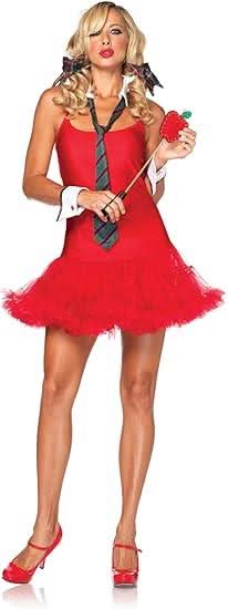 Woman wearing red dress with tie and holding apple pointer for teacher costume accessory kit