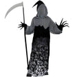 Teen boys shadow creeper costume with hooded skeletal robe and black clawed gloves holding a large scythe
