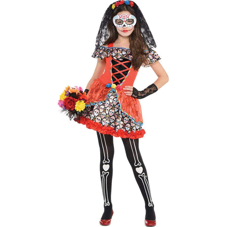 Teen girl in vibrant Teen Day of the Dead costume with skull print dress, lace veil, flower headpiece, and skeleton leggings