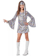 Girl wearing teen hippie costume 1960s with bell sleeves headband and white go-go boots