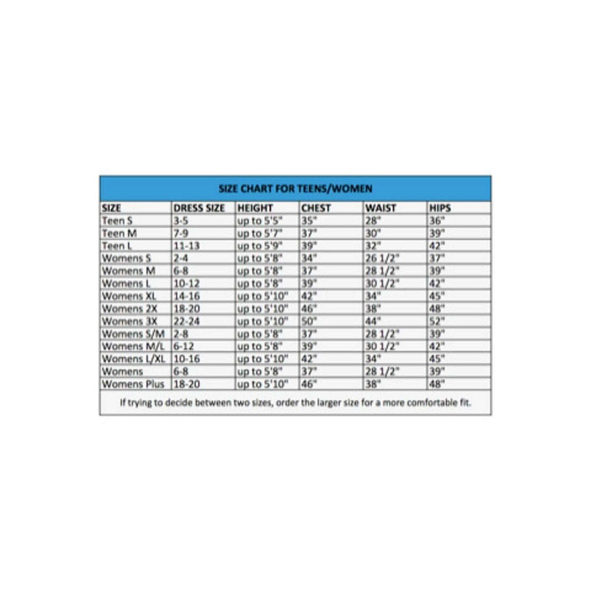 Size chart for teen shattered doll Halloween costume showing measurements for teens and women