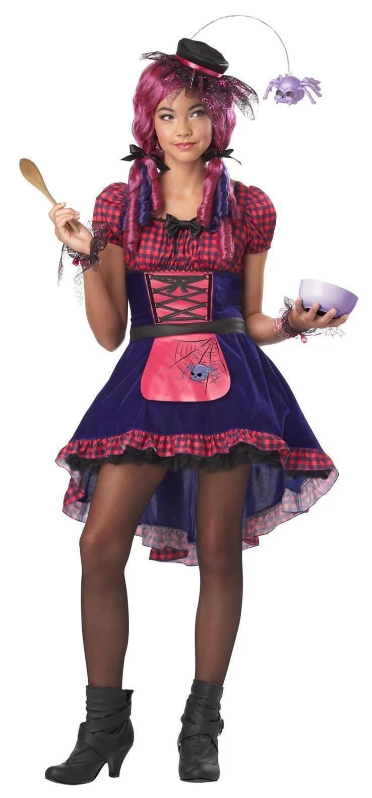 Teen girl wearing a colorful teen spider costume with a spider headband, purple and red dress, and black boots
