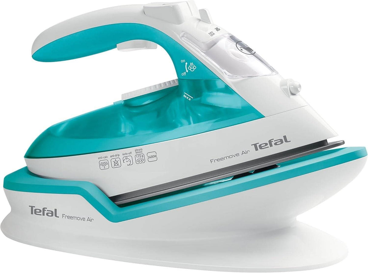 Tefal cordless steam iron 2400w with turquoise and white design on charging base