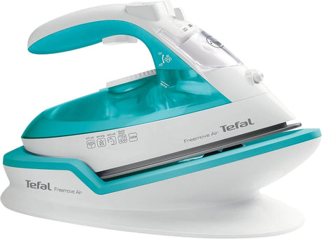 Tefal cordless steam iron 2400w with turquoise and white design on charging base
