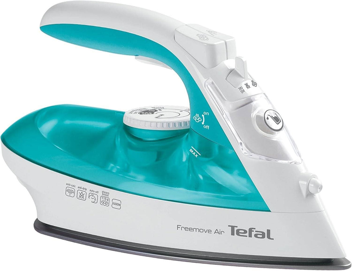 Tefal cordless steam iron 2400w with turquoise and white design and adjustable steam settings
