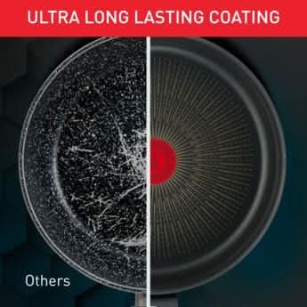 Tefal non-stick wok 28cm showing ultra long lasting coating compared to other pans